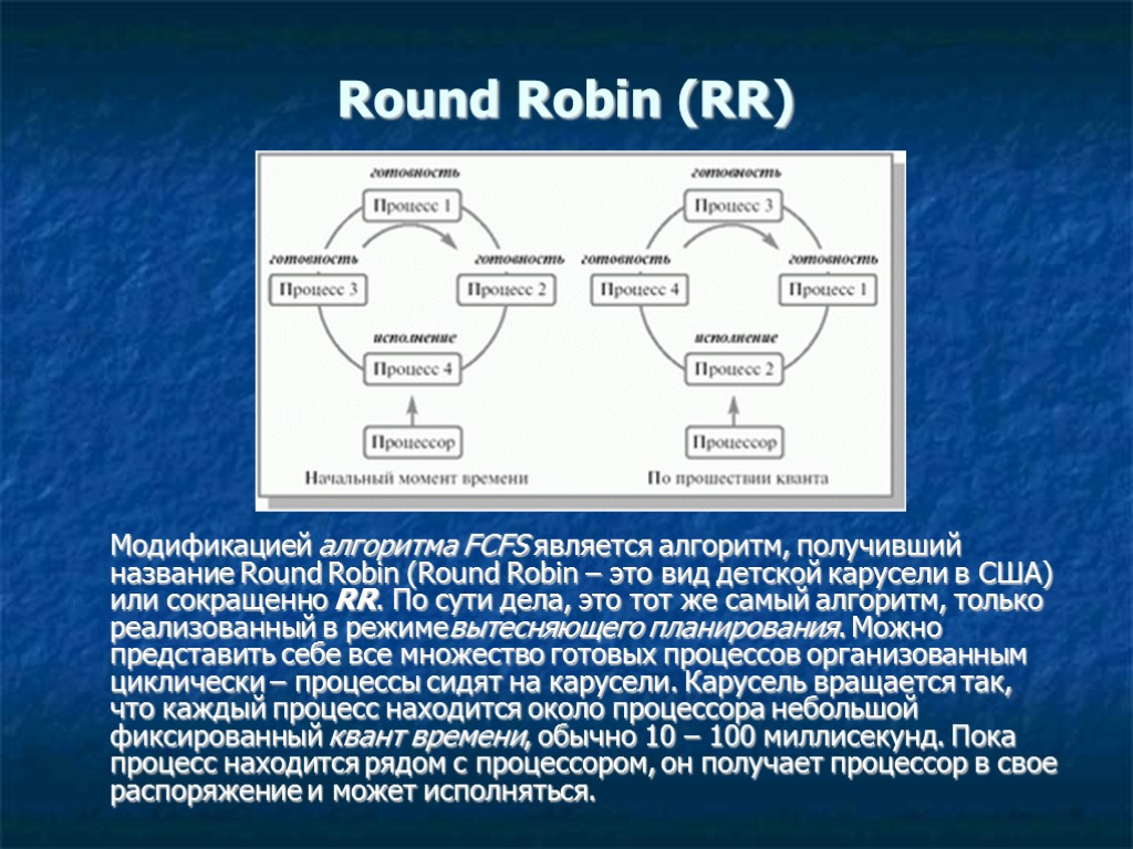 Round Robin (RR) Модификацией алгоритма FCFS является алгоритм, получивший название Round Robin (Round Robin Round Robin (RR) Модификацией алгоритма FCFS является алгоритм, получивший название Round Robin (Round Robin
